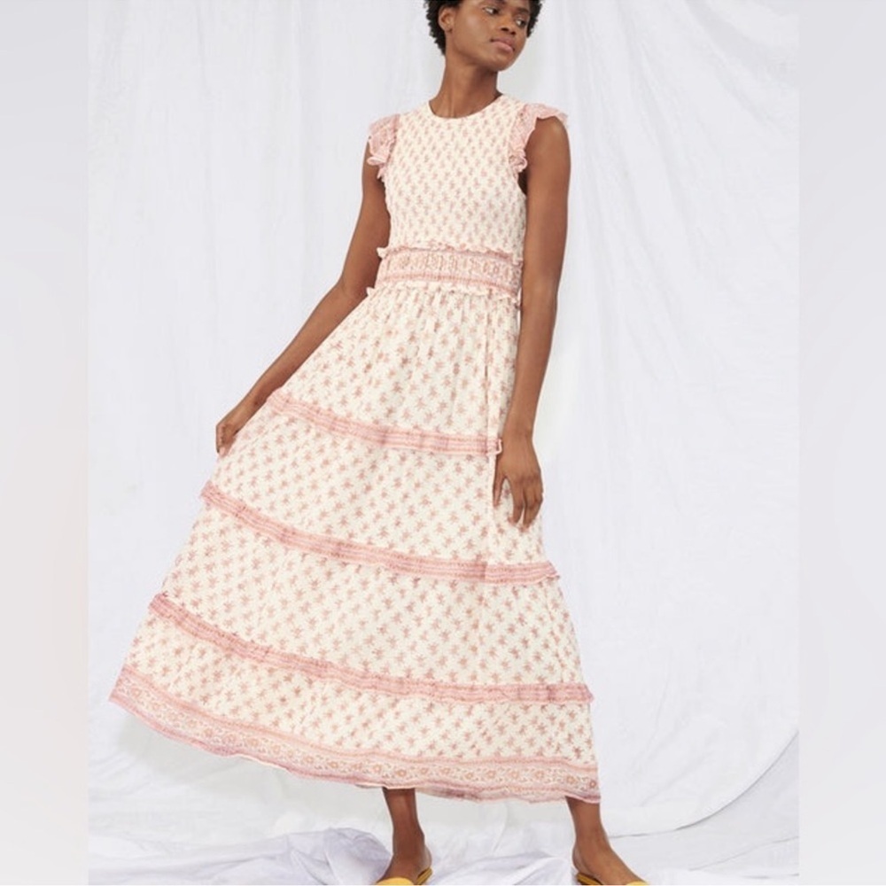 Saylor Hal Tiered Midi Maxi Floral Pink White Cotton Dress Sundress Resortwear